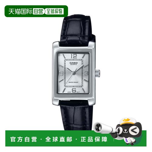 自营casio卡西欧女士银色表盘模拟手表黑色皮革表带-LTP-1234LL-7