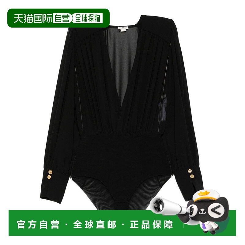 自营elisabetta franchiBlack Bodysuit Shirt With Deep V-Neckl