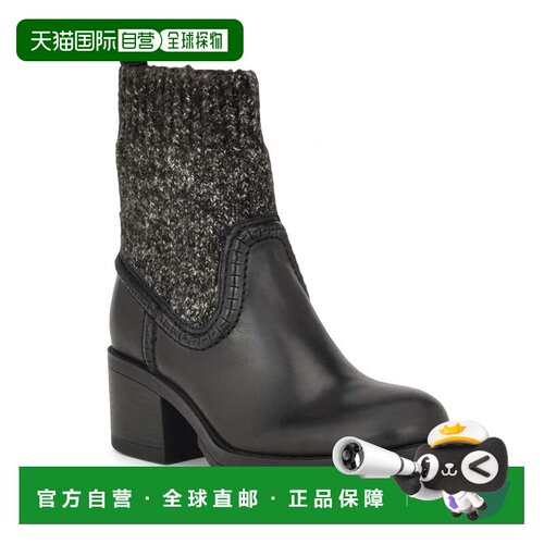 自营Nine West Popit Boots s Black Leather Block Heel Casual