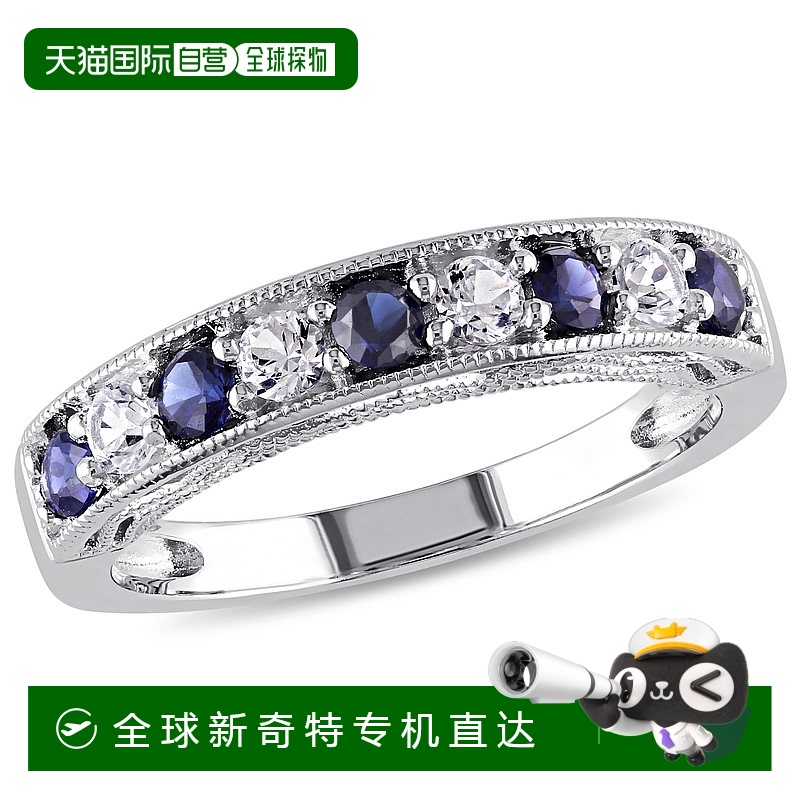美国直邮4/5 CT TGW 打造 925 纯银蓝色和白色蓝宝石周年纪念戒指