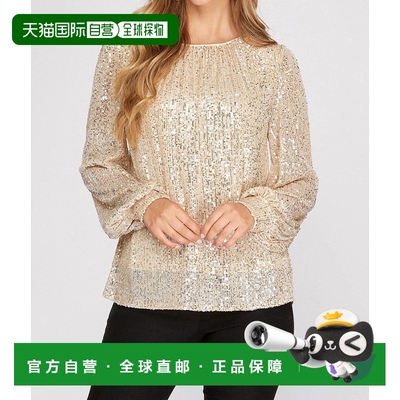 自营 she + skyLong Balloon Sleeve Sequin Top In Cream - crea