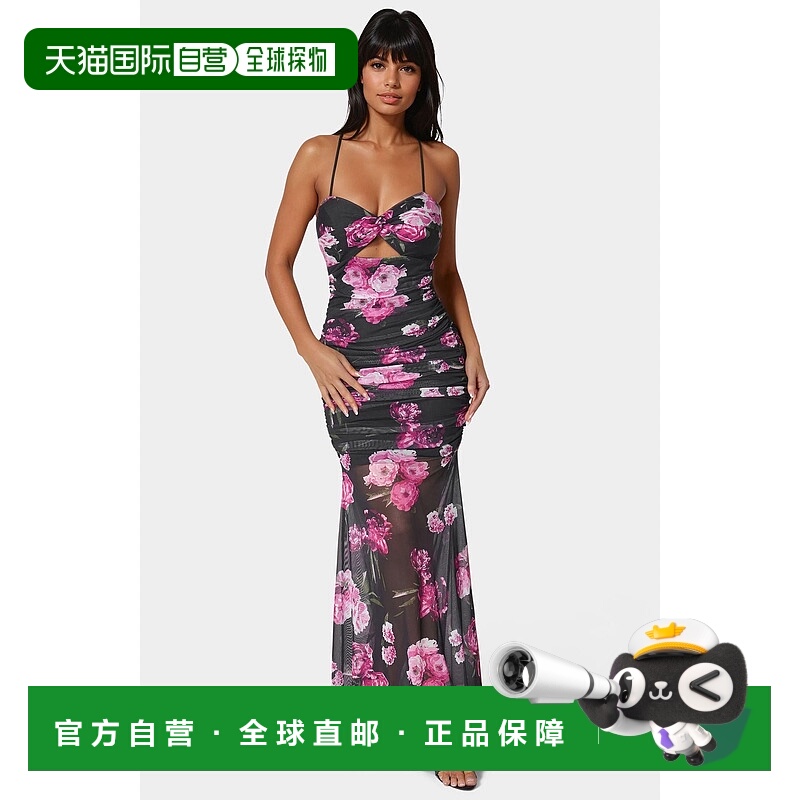 自营Bebe Women's Twist Front Mermaid Mesh Gown - black multi