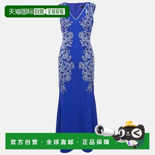 自营Tadashi Shoji Blue Floral Embroidery Textured Crepe Slee