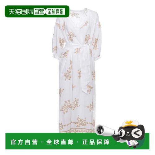 自营120% lino宽松的中长款连衣裙，搭配金色花朵Lurex细节-白色