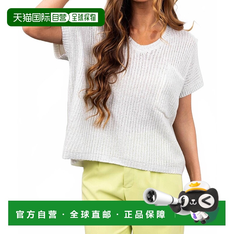 自营she + sky短袖V领金属涂层毛衣上衣，前袋为米白色-米白色 美