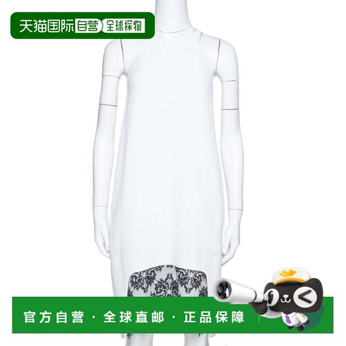 自营Just Cavalli White Crepe Lace Trim Sleeveless Shift Dres