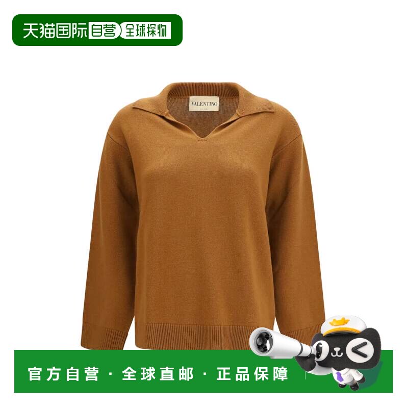 自营valentino土黄色宽v领羊绒毛衣-棕色 美国奥莱直发