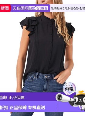 自营Women's CeCe Top Black Pintuck Button Front V-Neck Flutt