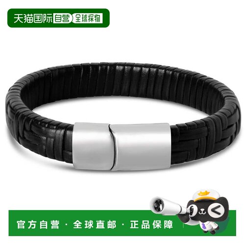 自营Bruno Magli Mens Classic Black Leather Bracelet, Silver