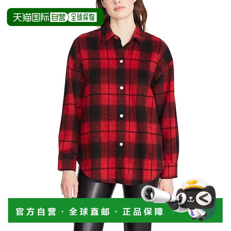 自营Steve Madden Sophia Shacket女士红色黑色格子纽扣经典JDM83