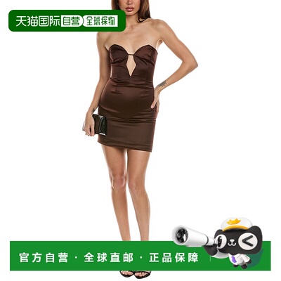 自营 bardot芭铎Eleni缎面迷你连衣裙-棕色 美国奥莱直发桑蚕丝