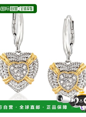 自营 Ross-Simons 925 纯银和 18kt 纯银钻石心形吊式耳环 - 白色