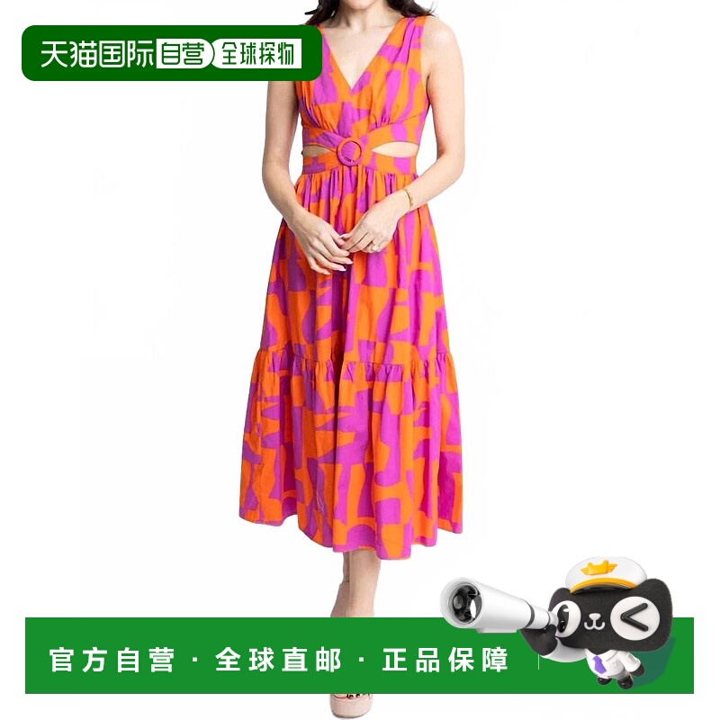 自营karlieGeometric Poplin V-Neck Cutout Midi Dress In Orang