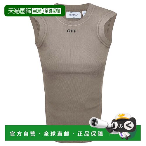 自营off-white精致棱纹棉质弹性纤维无袖上衣，极简主义字母-中性