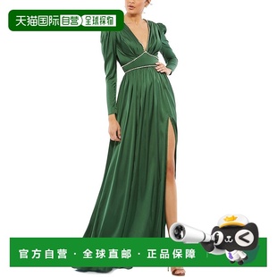 美国奥莱直发长裙 绿色 自营Mac Duggal缎面蓬松肩部水钻镶嵌礼服