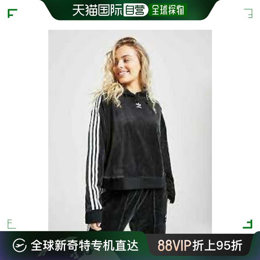 Adidas阿迪达斯三叶草女士短款黑色休闲帽衫卫衣DZ8319连帽运动