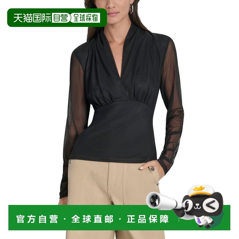自营DKNY Mesh V-Neck Top - black 美国奥莱直发性感上衣