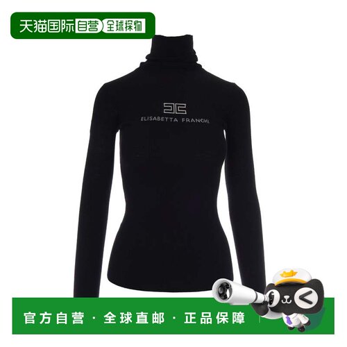 自营elisabetta franchi罗纹针织长袖上衣，饰有Intarsia徽标-黑