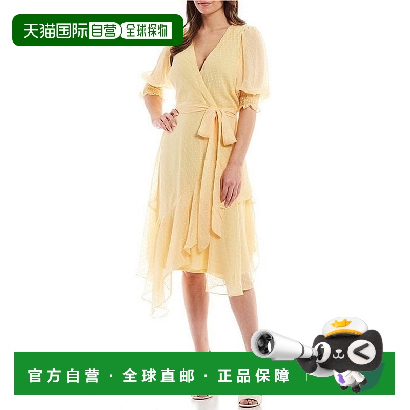 自营 maison tara向日葵图案短款泡泡袖裹身中长连衣裙 - sunflow