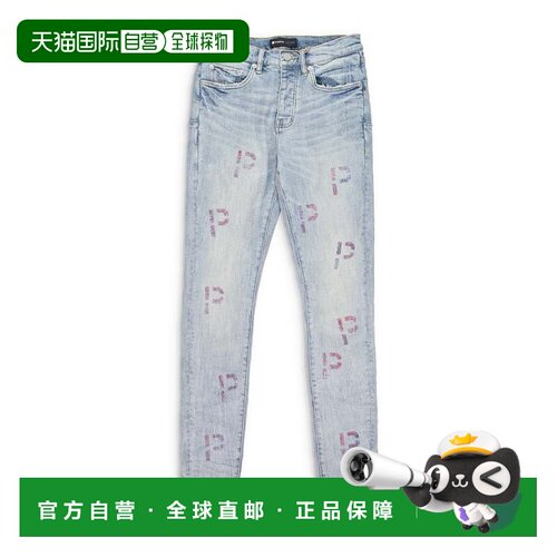 自营purple brand浅色刺绣 P 格子靛蓝紧身牛仔裤 - 蓝色 美国奥