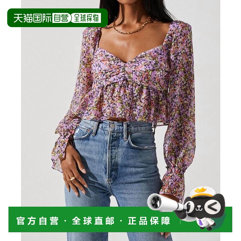 自营astr the labelLuann长袖泡泡袖上衣，紫色海军蓝印花 美国奥