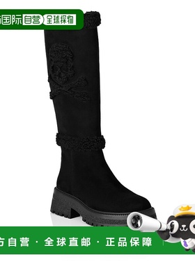 自营 philipp plein中筒平底靴 Skull & Bones - 黑色 美国奥莱直