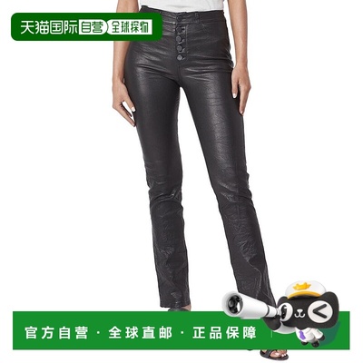 自营PAIGE Hoxton Black High-Rise Leather Straight Leg Jean -