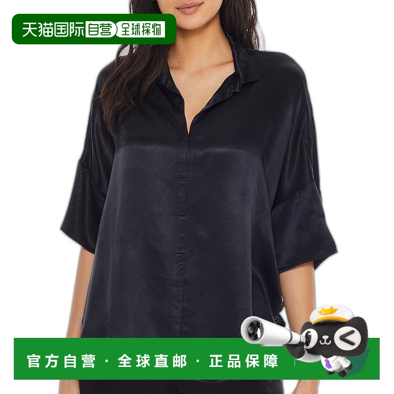 自营PJ Harlow 女士 Fran 缎面缺口领睡衣上衣 - 黑色 美国奥莱直