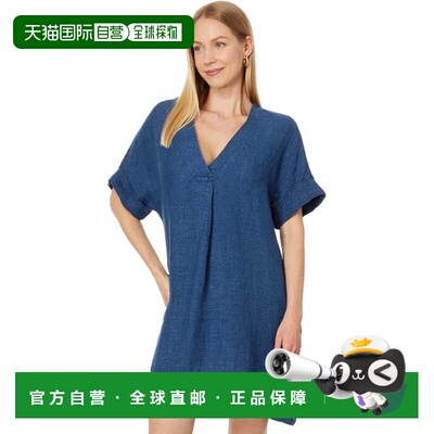 自营Faherty Sanibel Dress  Small Indigo  Linen Textured V-Ne