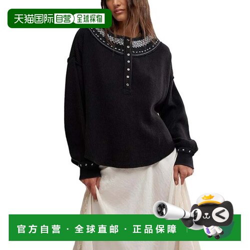 自营free people自由人Holly Henley上衣女黑色刺绣长袖DDR2729-