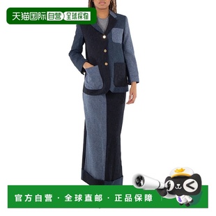 自营Thom Browne女士海军蓝趣味混搭多尼戈尔粗斜纹麻袋长裤裙-海