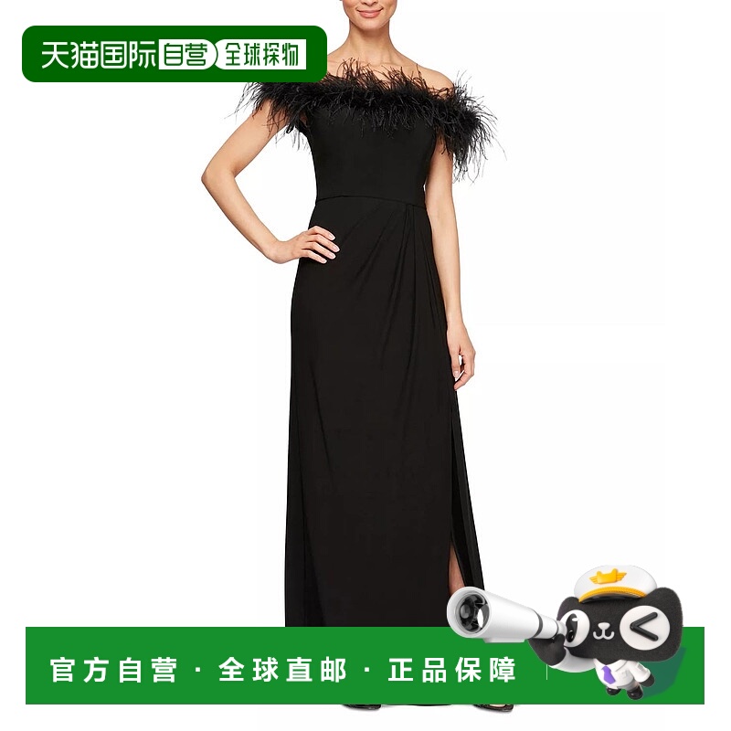 自营alex eveningsLong Off-The-Shoulder Gown With Maribou Det