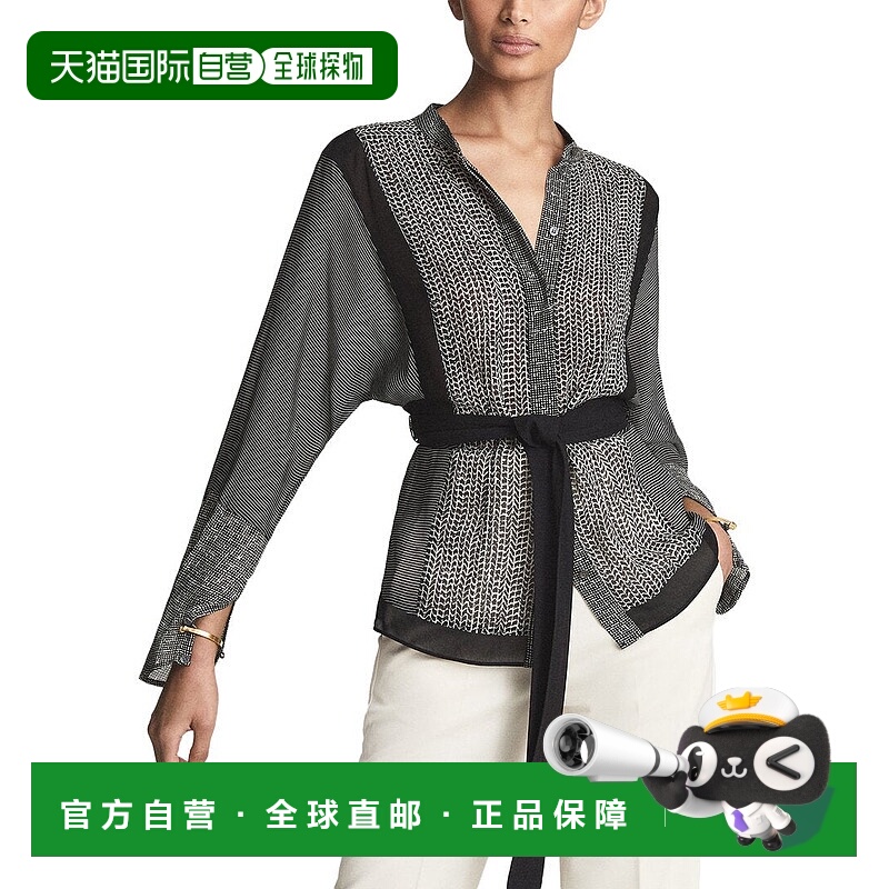自营Reiss Kyria Mixed Print Tie Blouse - black 美国奥莱直发