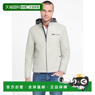 复古白色 Faux皮革连帽摩托车夹克 美国奥莱直 guessDanilo 自营