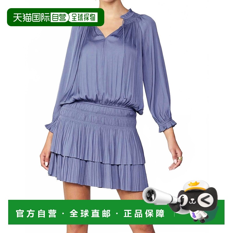 自营current airAurelie蓝色褶皱迷你连衣裙 美国奥莱直发