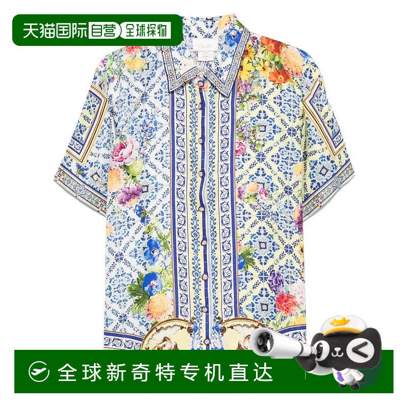 自营camilla动感印花丝绸衬衫，经典领口-蓝色 【美国奥莱】直发