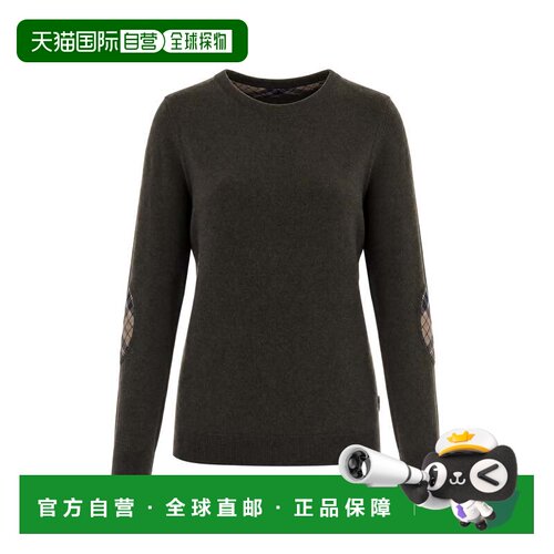 自营barbour橄榄绿色格子呢手肘补丁羊毛混纺圆领毛衣-黑色 美国