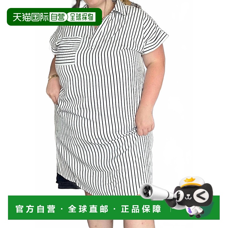 自营she + sky带口袋的垂袖条纹梭织衬衫迷你连衣裙-加上米白色-