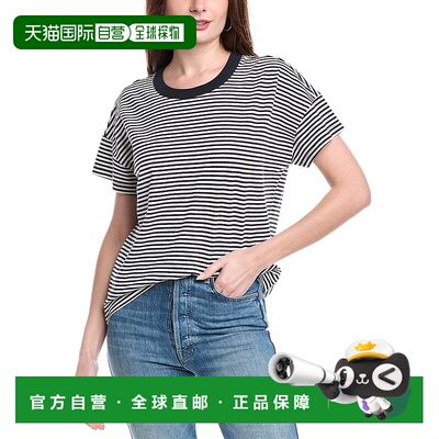 自营 splendid华丽Astrid亚麻混纺T恤-白色 美国奥莱直发条纹