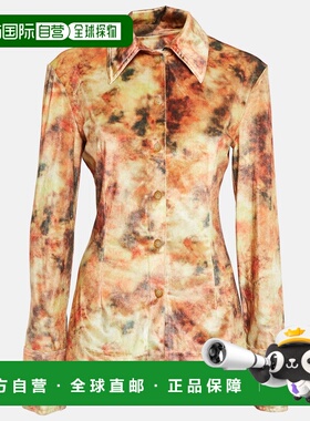 自营Nanushka Orange Hazy Floral Print Stretch Velvet Shirt -