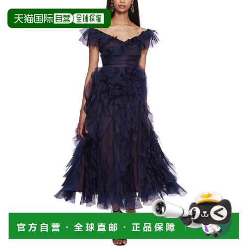 自营Marchesa Notte Matte欧根纱中长款连衣裙-午夜 美国奥莱直发