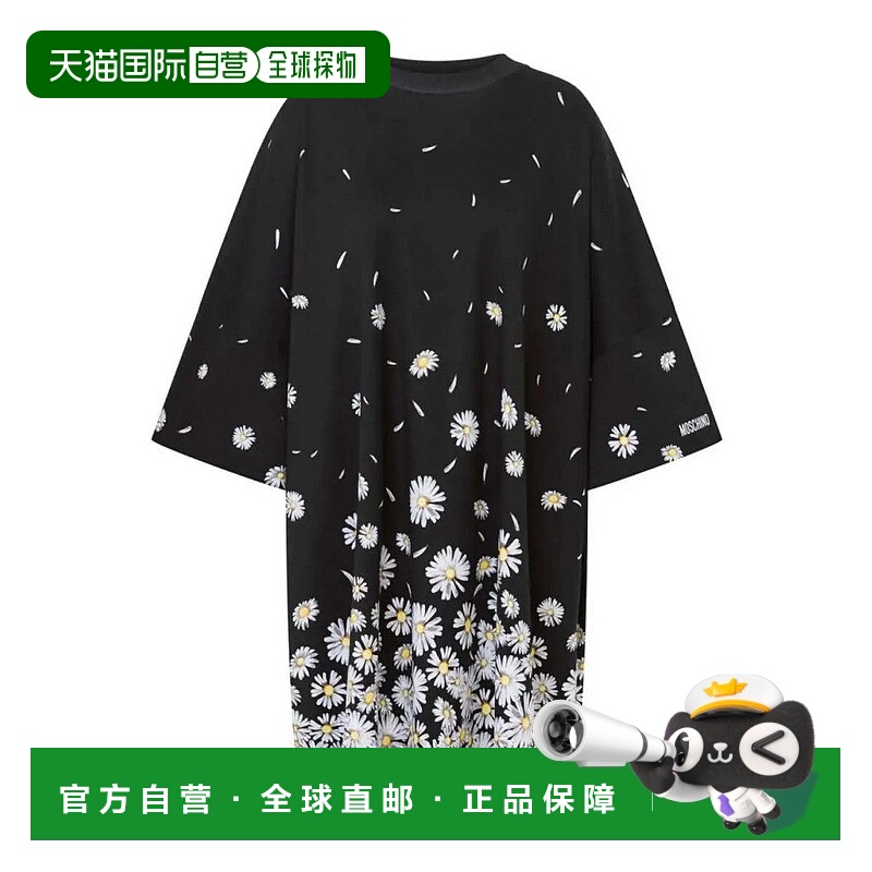 自营moschinoFloral-Print Black Cotton Dress With Relaxed Sil