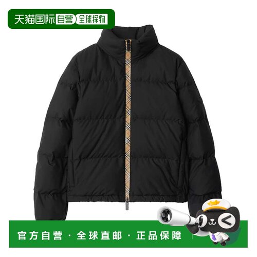 自营burberry短款蓬松夹克，搭配高领和格子图案装饰-黑色 美国奥