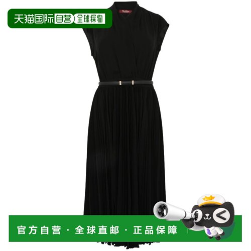 自营max maraElegant Black Midi Dress With Pleated Skirt - bl