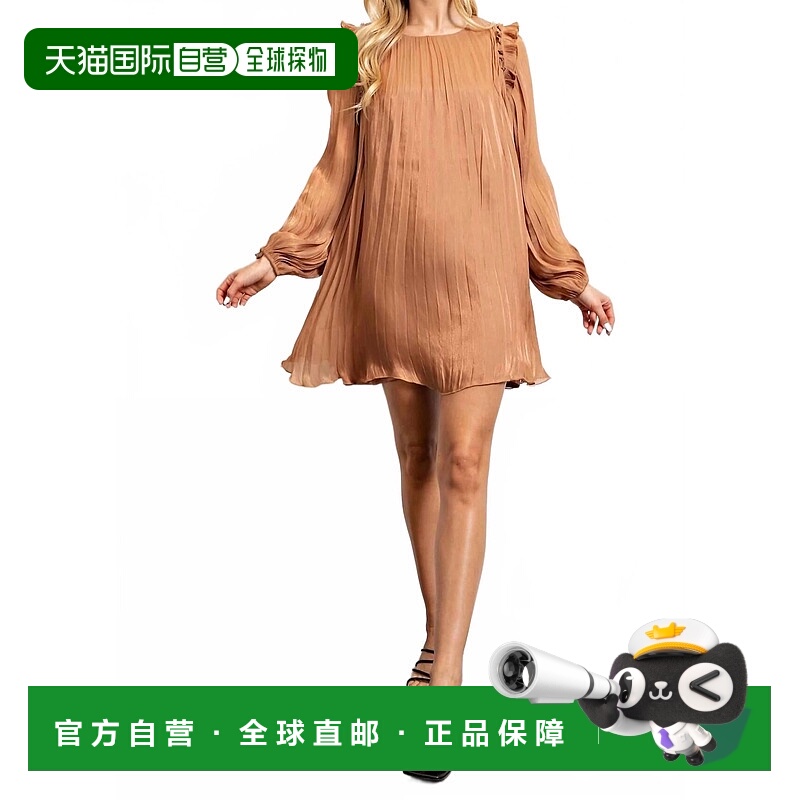 自营glamAva Long Sleeve Pleated Shift Mini Dress In Camel -