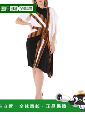 自营 Burberry Flag Intarsia不对称丝绸连衣裙，黑色 美国奥莱直