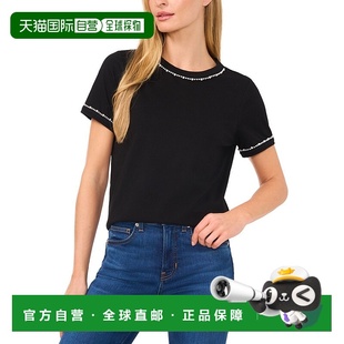 自营CeCe Boxy T-Shirts Women Black Cotton Pearl Trim Short S