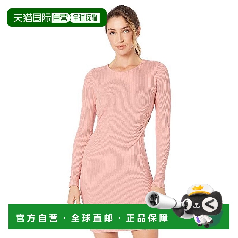 自营 Monrow拉丝连衣裙女式粉色罗纹镂空长袖JDM1171-粉红色 美国