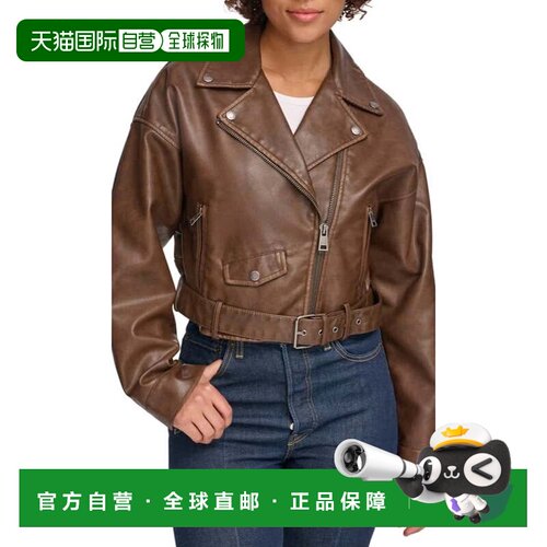 自营Levi's束带作物摩托夹克女式马鞍人造皮革全拉链FROG523-brow