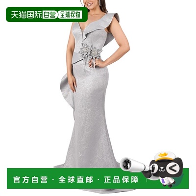 自营Terani Couture Side Ruffle Collar Solid Maxi Dress - sil